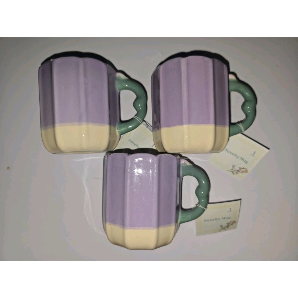 Crescent Enterprise Novelty Coffee Mugs Set of 3 Scalloped Purple Cream Ceramic